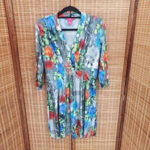 ☆ Catherine Malandrino Pleated V Neck Floral and Plaid Midi Dress Size Small